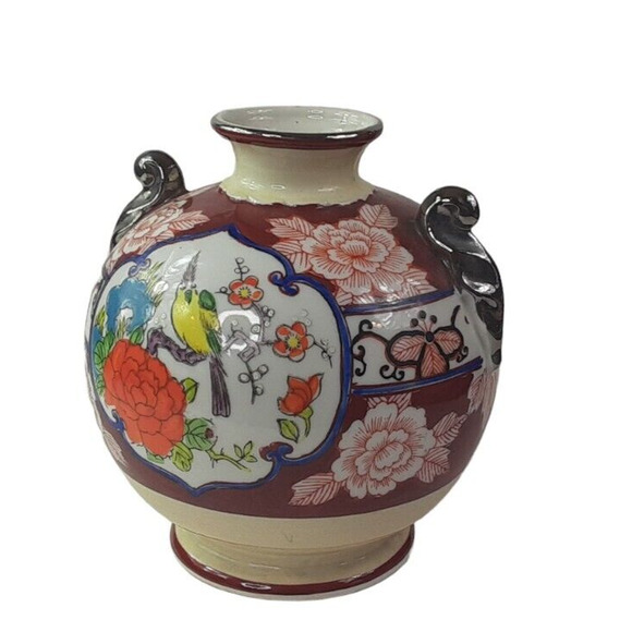 Vintage Japanese Chikusa Vase Multicolor Floral Bird Hand Painted 6.5" - Picture 7 of 10